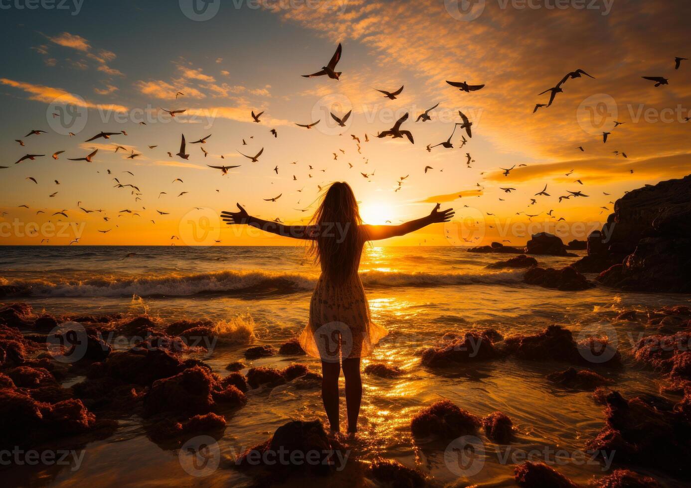 ai genererad fri Foto av man på en strand. en kvinna stående på topp av en strand Nästa till de hav