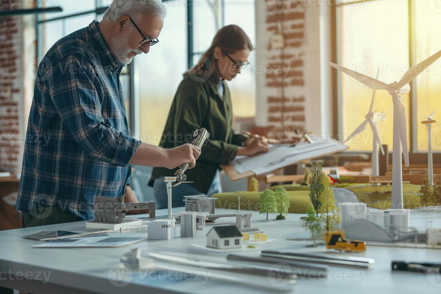 ai genererad ingenjörer design modeller av turbiner, sol- paneler, rena energi nätverk. tekniker Beräkna till använda sig av ren energi natur och montera sol- paneler på tak hus. grön kraft t.ex. foto