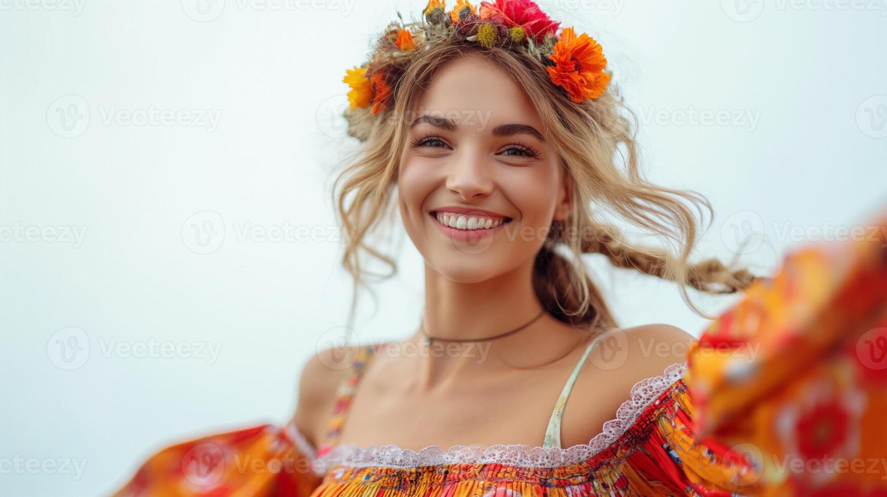 ai genererad festlig scen av en kvinna fira oktoberfest. hon är bär en traditionell dirndl, dans eller snurrande, med Tillbehör tycka om en blomma krona och öl ölkrus. foto