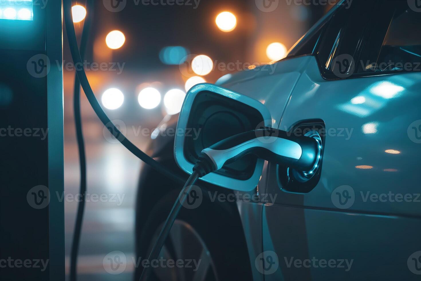 ai genererad ev bil laddning station för avgift ev batteri. plugg för fordon med elektrisk motor. ev laddare. rena energi. laddning punkt på bil parkering massa. framtida transport teknologi modern bil. foto