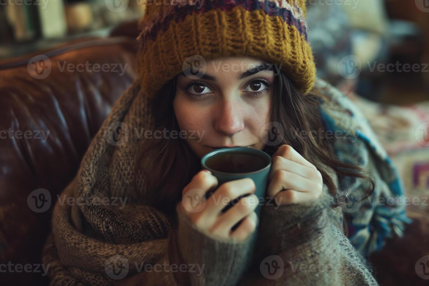 ai genererad ett intim porträtt av en kvinna bär en ull- hatt, omslaget i en ombonad filt, njuter en kopp av te i en välutrustade levande rum, de miljö utstrålar värme och bekvämlighet foto