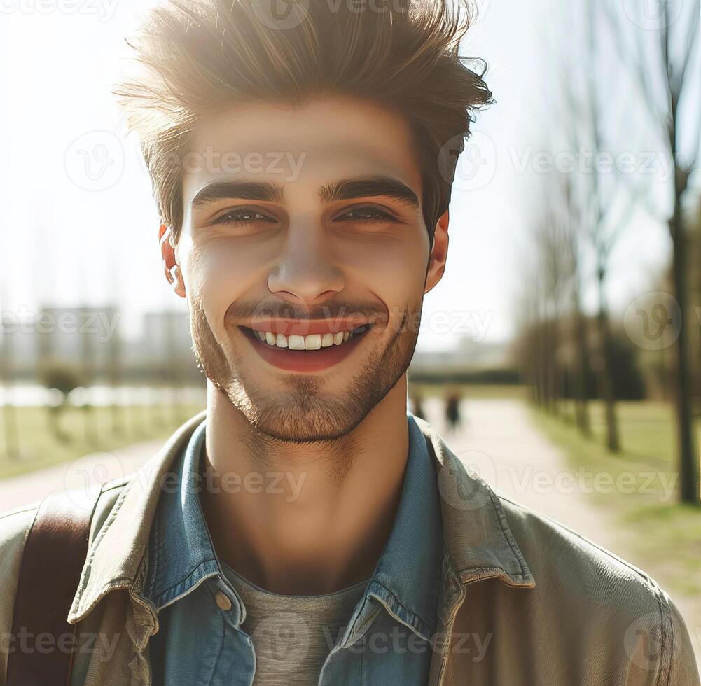 bild av de europeisk ung man, gående utanför, leende. människor foto