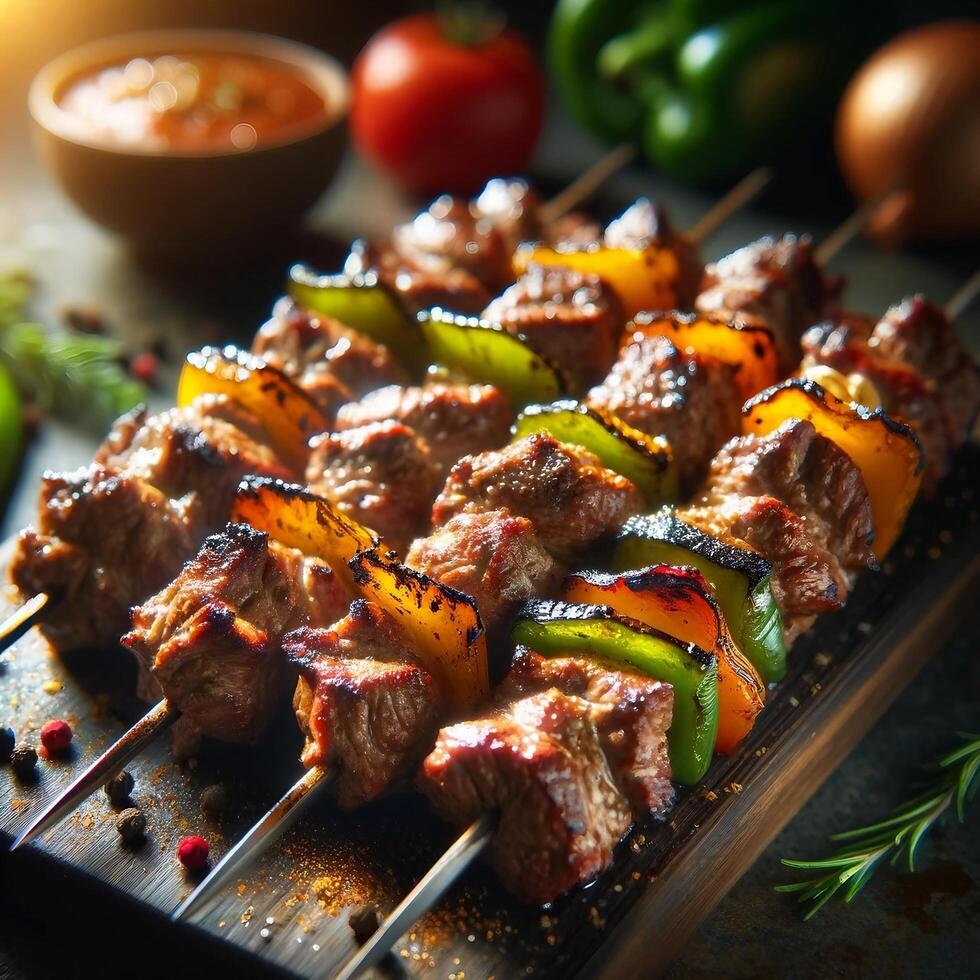 ai genererad grillad kött shish kebab med grönsaker på grillspett foto