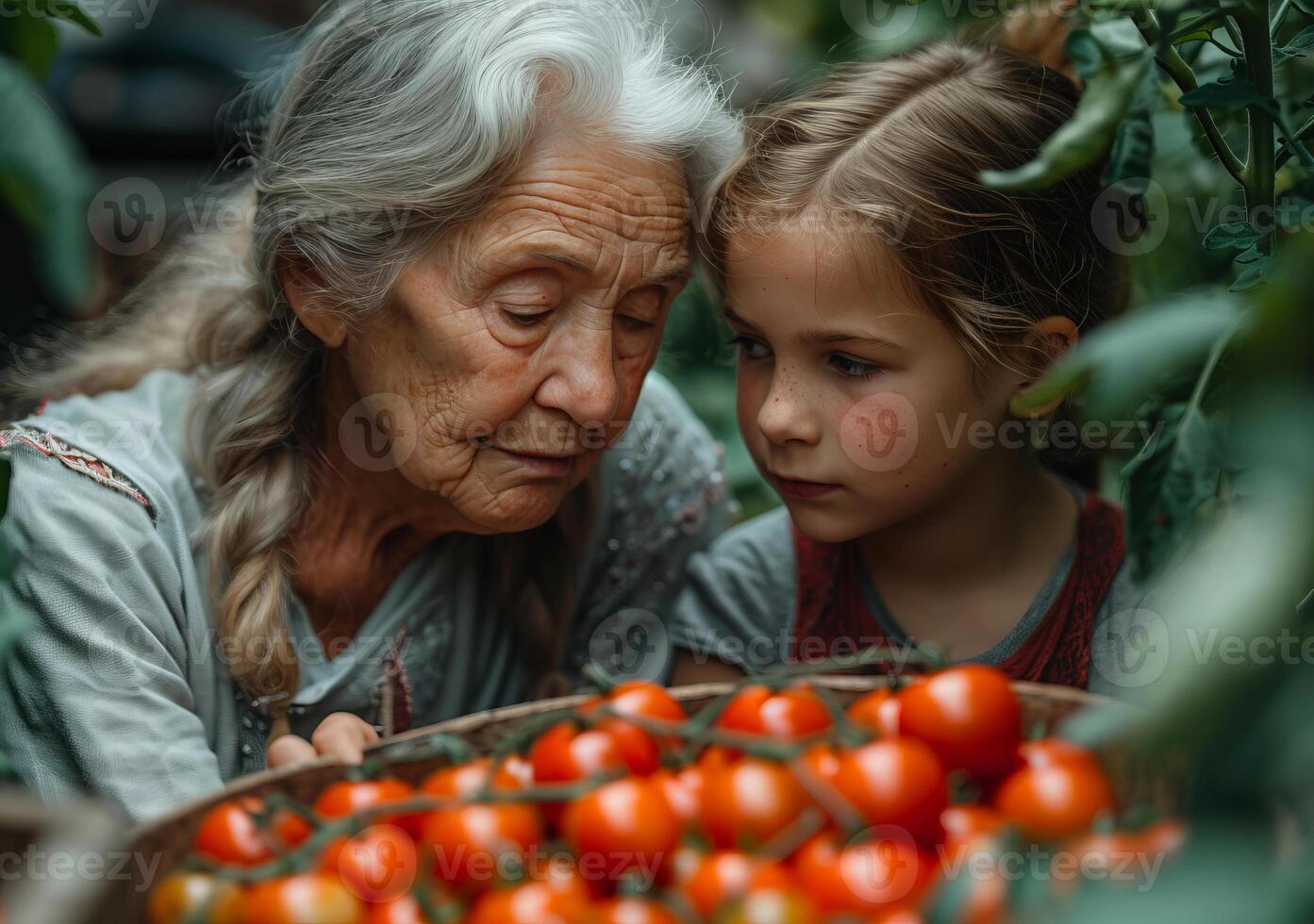 ai genererad äldre kvinna och ung flicka granskning tomater på en marknadsföra stå foto