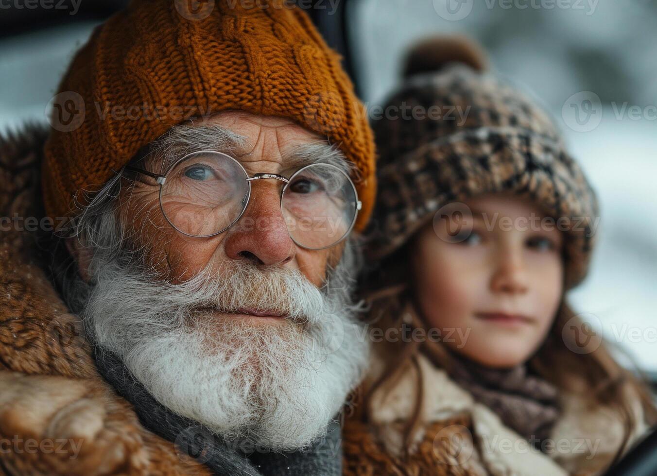 ai genererad gammal man och ung flicka i bil, en hjärtvärmande stöta på mellan generationer foto