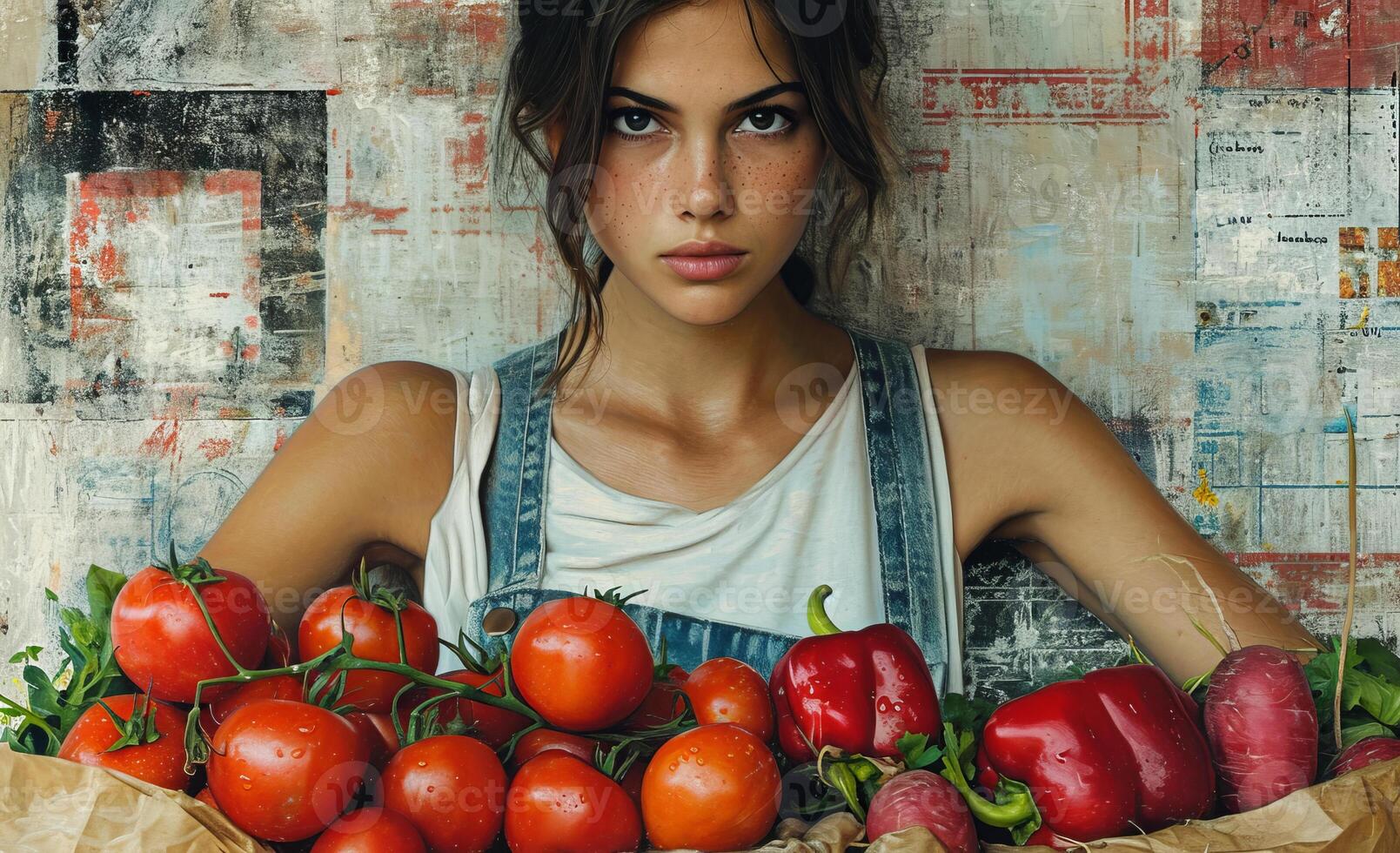 ai genererad lady grönsaker i kök. en vibrerande målning av en kvinna graciöst innehav en korg fylld med ett sortiment av färsk och färgrik grönsaker. foto