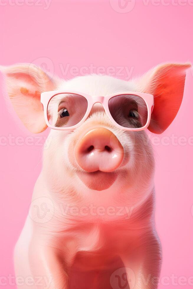 ai genererad porträtt av en gris i solglasögon på en rosa bakgrund. ai genererad foto