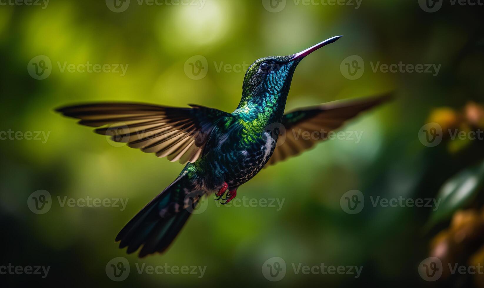 ai genererad ultra verklig makro fotografi av en flygande. en kolibri flygande i de luft med dess vingar spridning foto