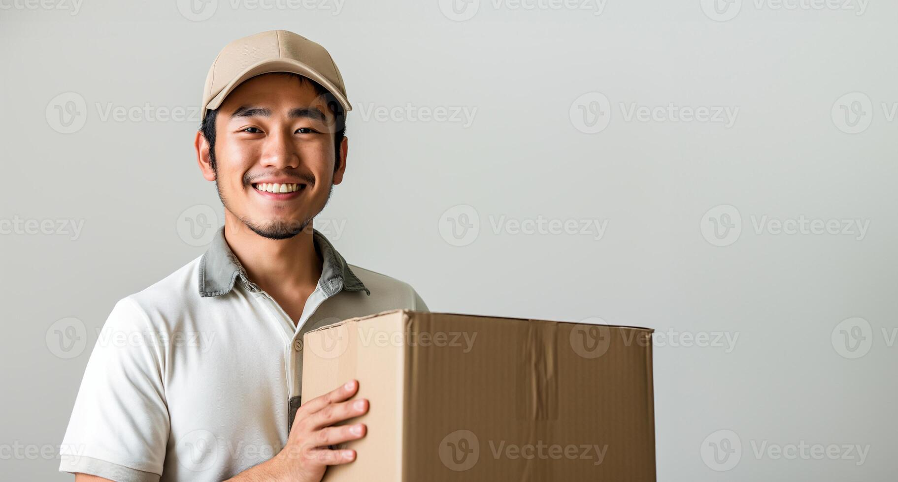 ai genererad asiatisk leverans man innehav kartong lådor med paket medan bär uniformer och en keps isolerat lång baner på vit bakgrund, generativ ai foto