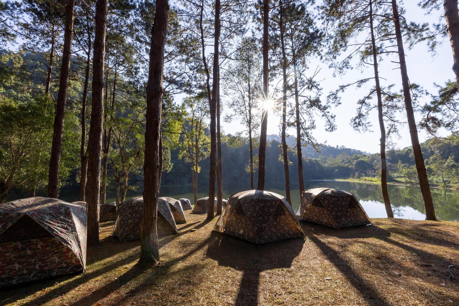 grupp av tält för över natten camping med soluppgång över de dimmig berg och stråle av ljus och campingplats av styng oung, mae hong son provins, thailand foto