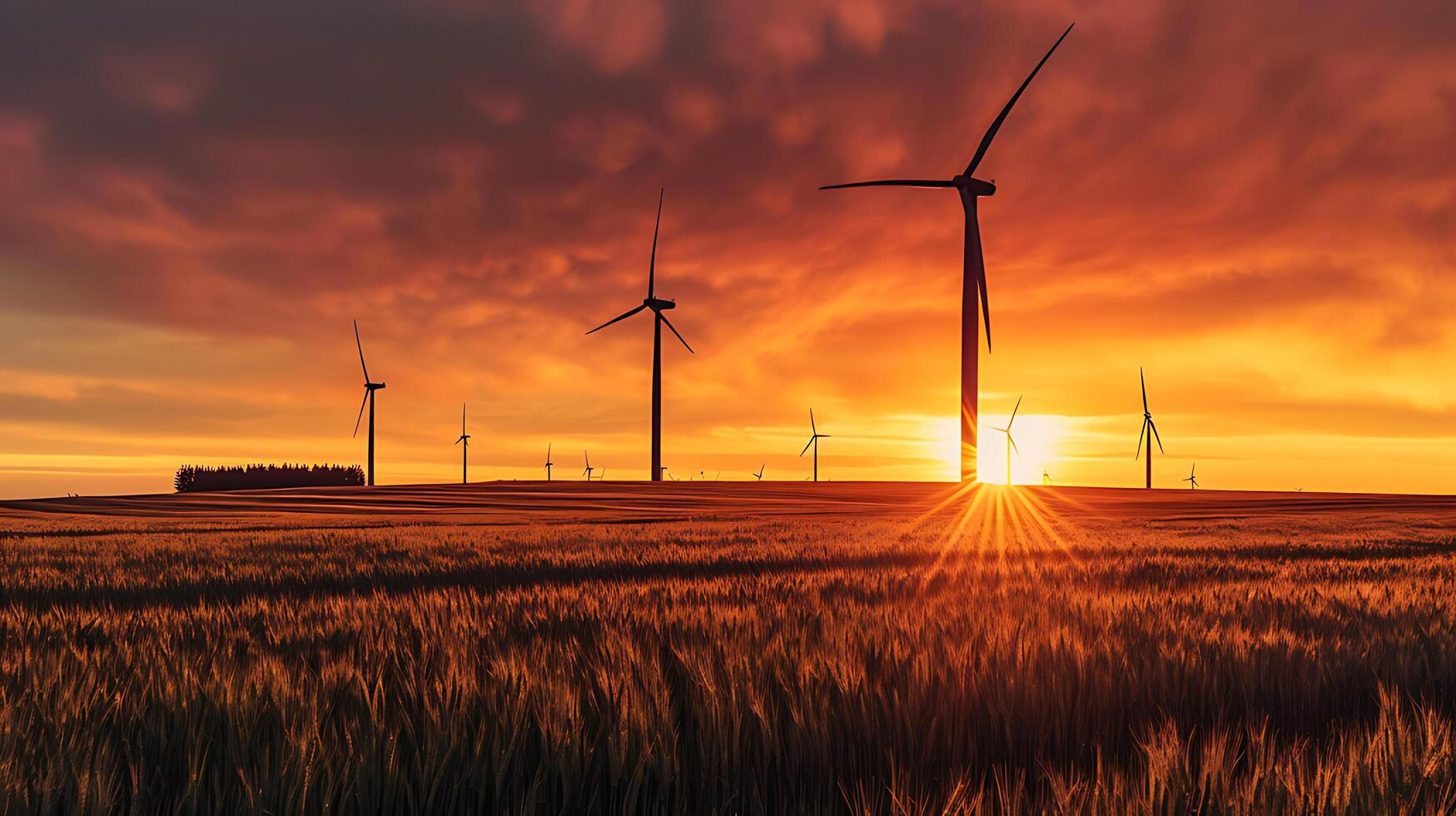 ai genererad vind turbiner på solnedgång i en förnybar energi landskap foto