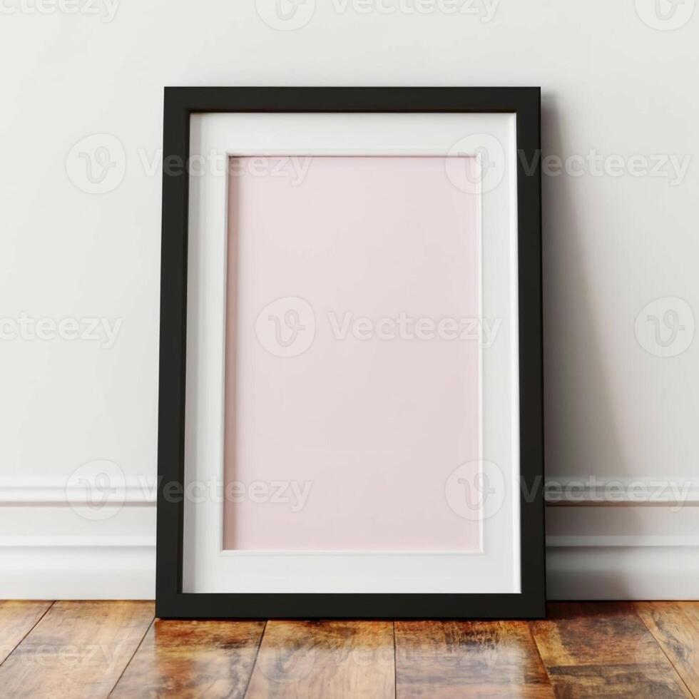 ai genererad tom rosa affisch i svart ram lutande mot vägg foto