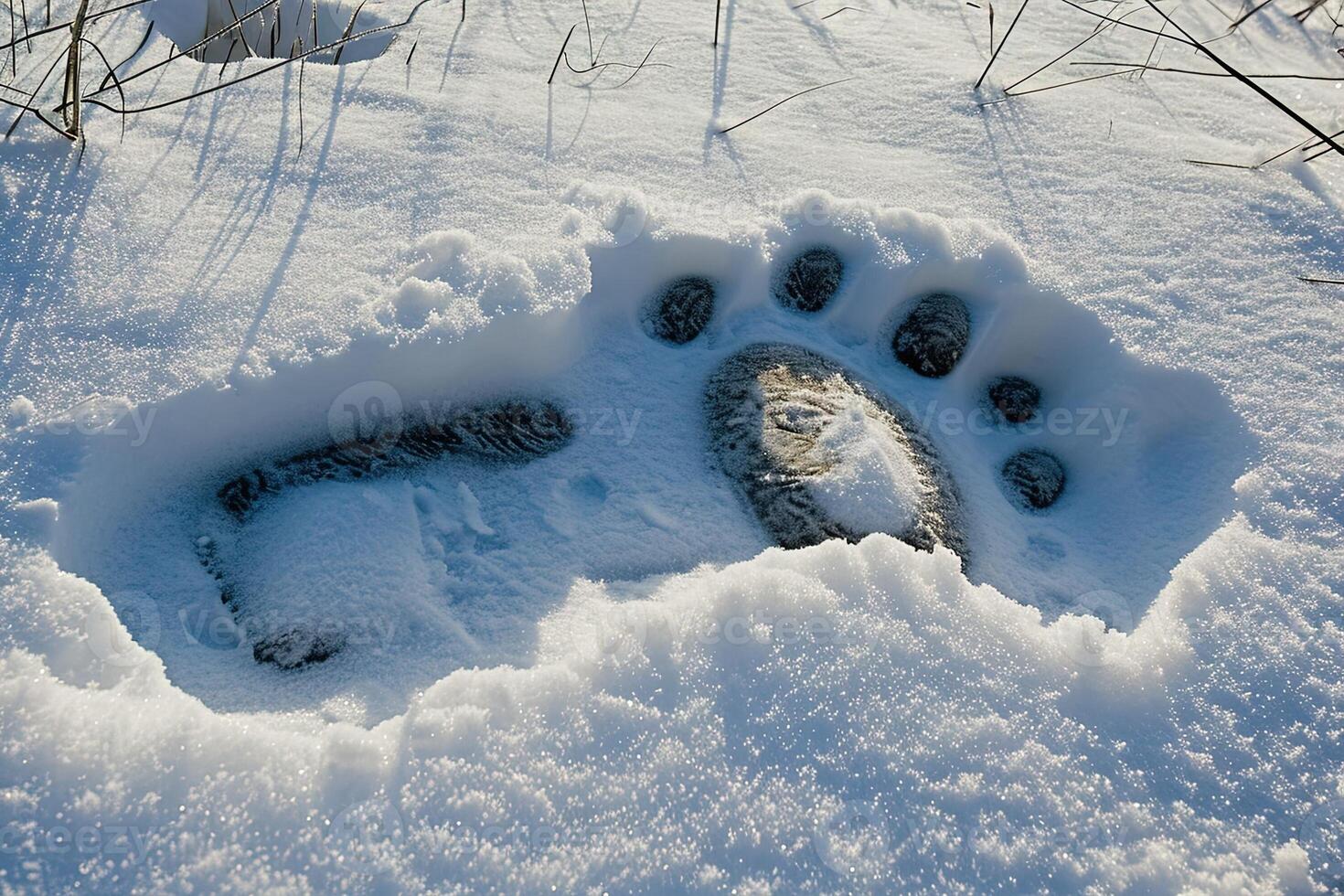 ai genererad storfot fötter fotavtryck på de snö foto