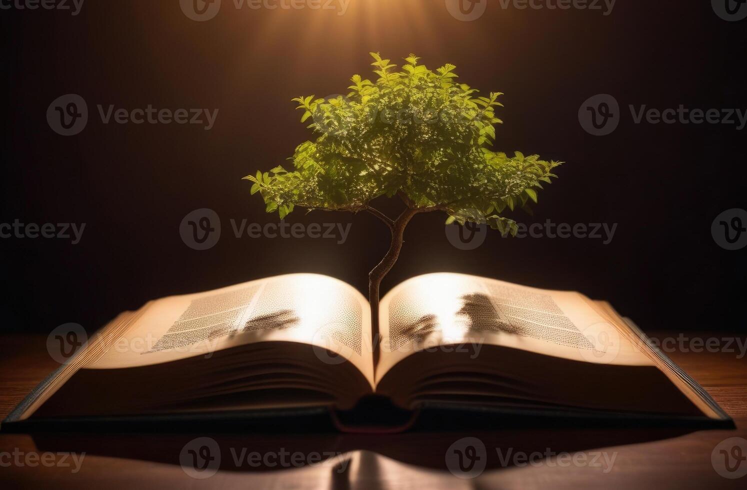 ai genererad internationell dag av poeter och författare, värld bok och upphovsrätt dag, grön träd växer från ett öppen bok, magi bok, mörk bakgrund, Sol strålar foto