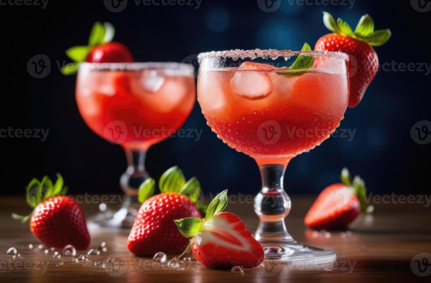 ai genererad sommar cocktail med bär, mjuk dryck med is, alkoholhaltig cocktail margarita jordgubbe, internationell bartendrar dag, mörk bakgrund, trä- tabell foto