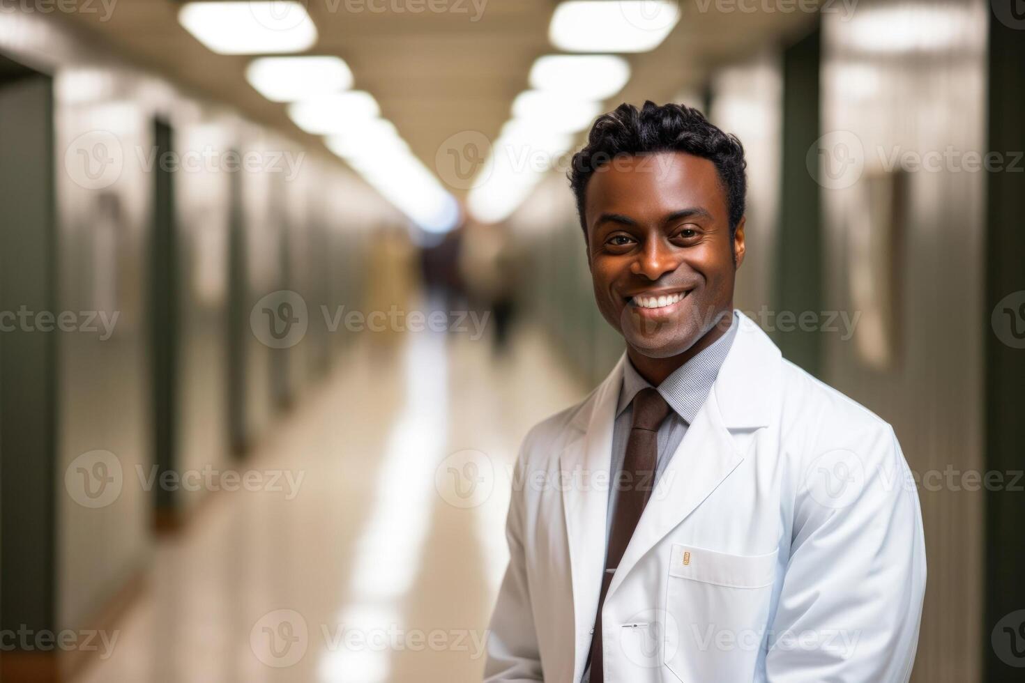 ai genererad porträtt av ett afrikan-amerikan manlig läkare, leende sjuksköterska, kille i en sjukhus klänning, sjukhus korridor, nationell doktorer dag, värld sjuksköterskor dag foto