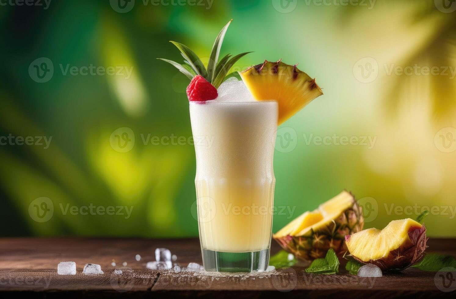 ai genererad mjuk dryck med is, sommar cocktail med kokos och ananas, alkoholhaltig cocktail pina colada, internationell bartendrar dag, tropisk bakgrund, trä- tabell foto