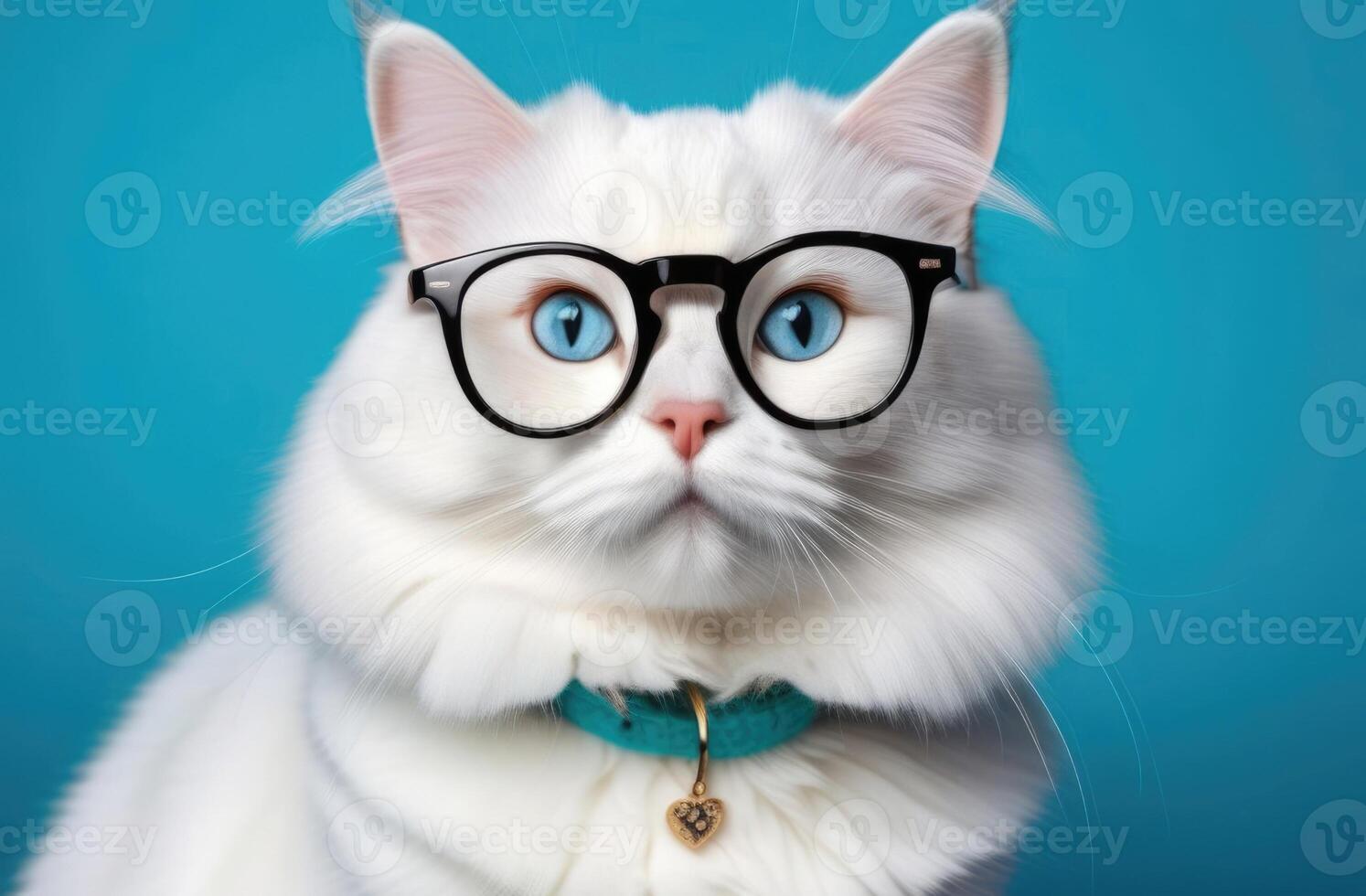 ai genererad värld katt dag, fluffig inhemsk vit katt med glasögon, syn kolla upp, oftalmologi salong, veterinär klinik, blå bakgrund foto