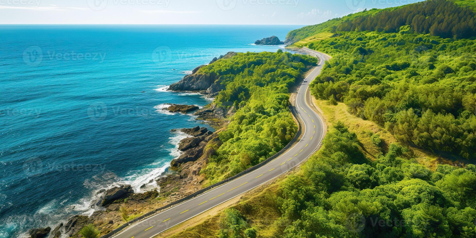 ai genererad skön natur utomhus- äventyr väg resa resa väg väg motorväg med hav hav kust foto