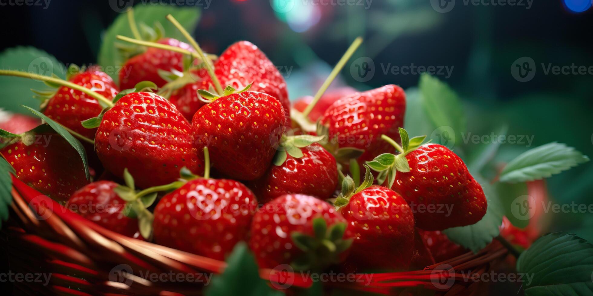 ai genererad färsk rå vegetarian röd grön bär jordgubb i korg. marknadsföra växt jordbrukare skörda foto