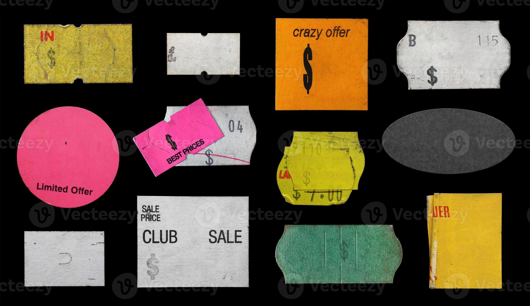 samling av tom gammal klistermärke, märka, pris märka mall för mockup. isolerat smutsig, rev, halv skalad klistermärken foto