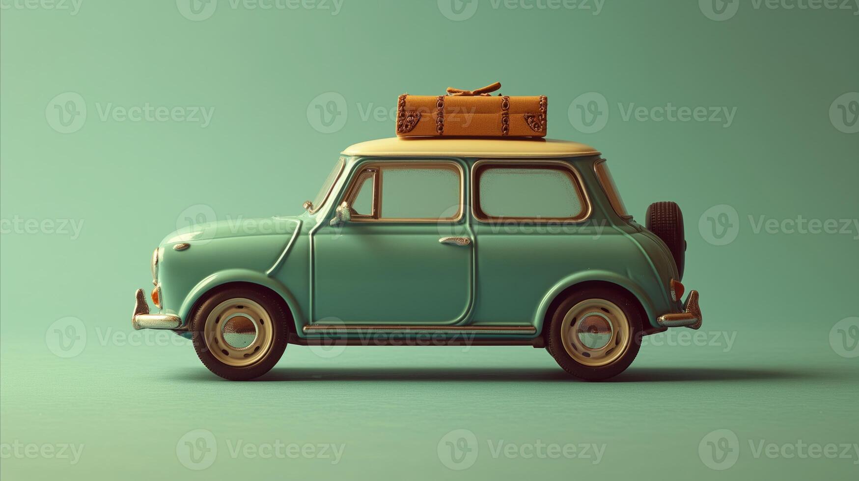 ai genererad årgång miniatyr- bil med bagage på tak mot kricka bakgrund foto