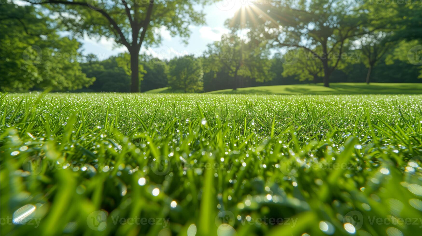 ai genererad solljus gnistrande på färsk morgon- dagg i frodig grön parkera foto