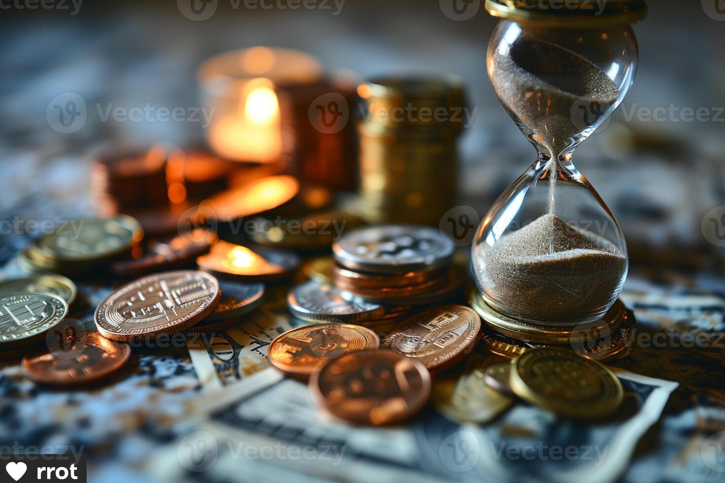 ai genererad mynt och timglas på tabell, tid och rikedom begrepp foto
