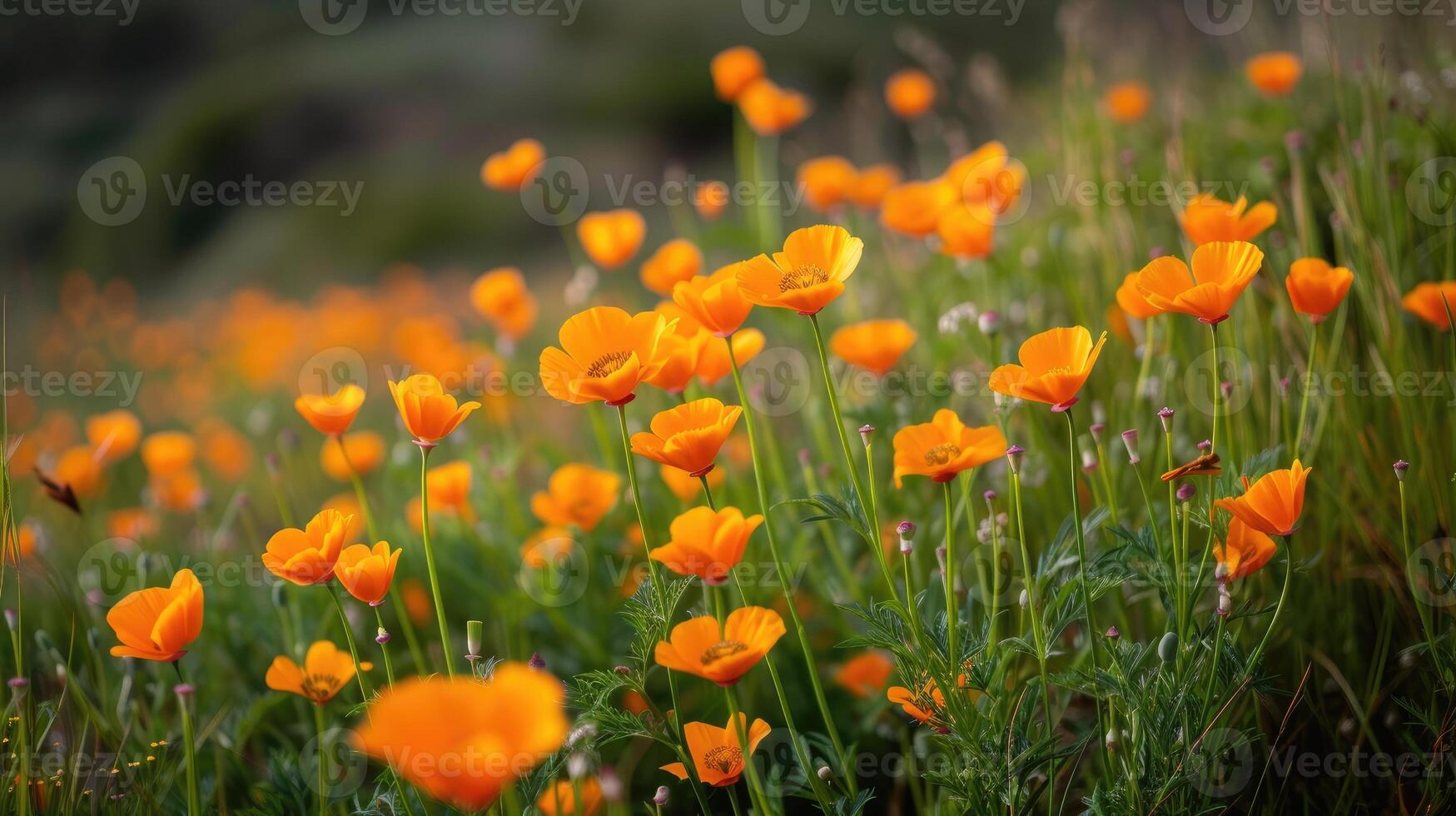 ai genererad en vibrerande grupp av orange blommor blomma graciöst i en solkysst fält, ai genererad foto