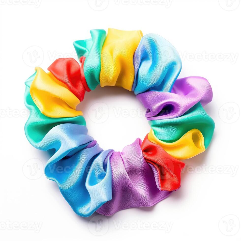 ai genererad färgrik hår scrunchie, en tygklädd elastisk band för fastsättning hår, ai genererad. foto