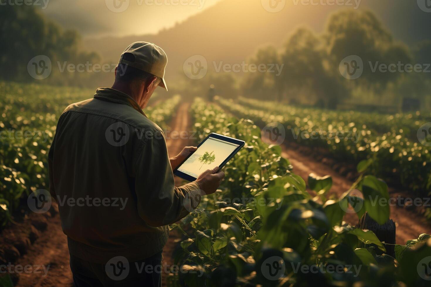 ai genererad jordbrukare med en läsplatta stående i de fält, en man analyserar de skörda använder sig av modern teknik foto