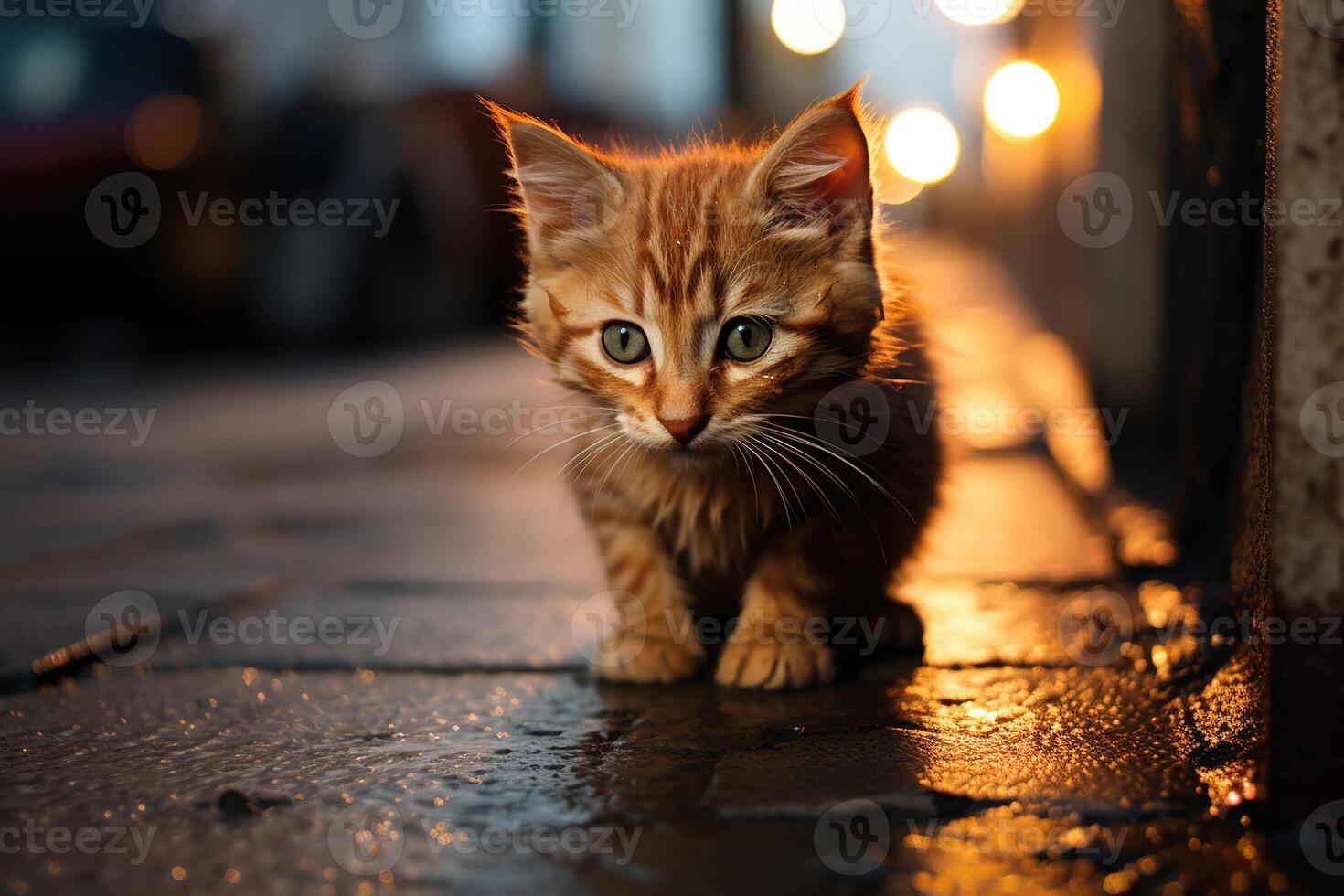 ai genererad söt liten kattunge utomhus på en regnig natt. hemlös eller förlorat ledsen röd sällskapsdjur på våt trottoar foto