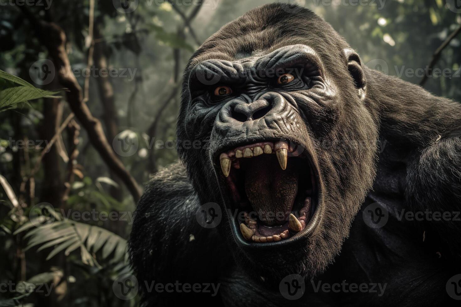 ai genererad närbild av skrikande aggressiv gorilla i djungel. arg vild djur- primat generativ ai illustration foto