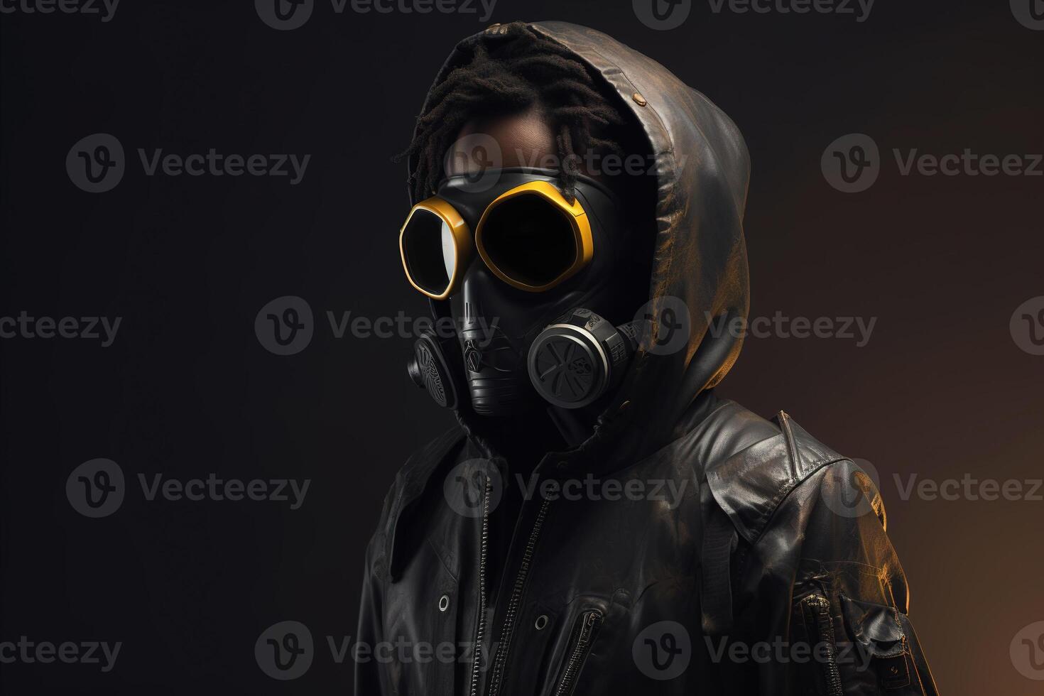 ai genererad porträtt av svart eleganta manlig modell i gul glasögon, gas mask och jacka med huva på mörk bakgrund. modern kreativ postapokalyptisk mode begrepp. generativ ai foto