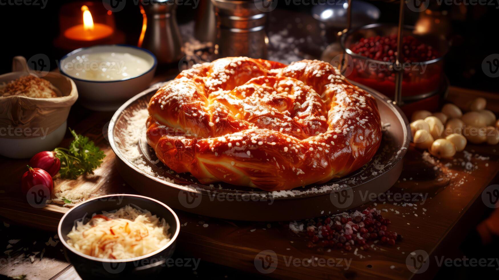 ai genererad pretzel med kål och mozzarella ost på trä- tabell. foto