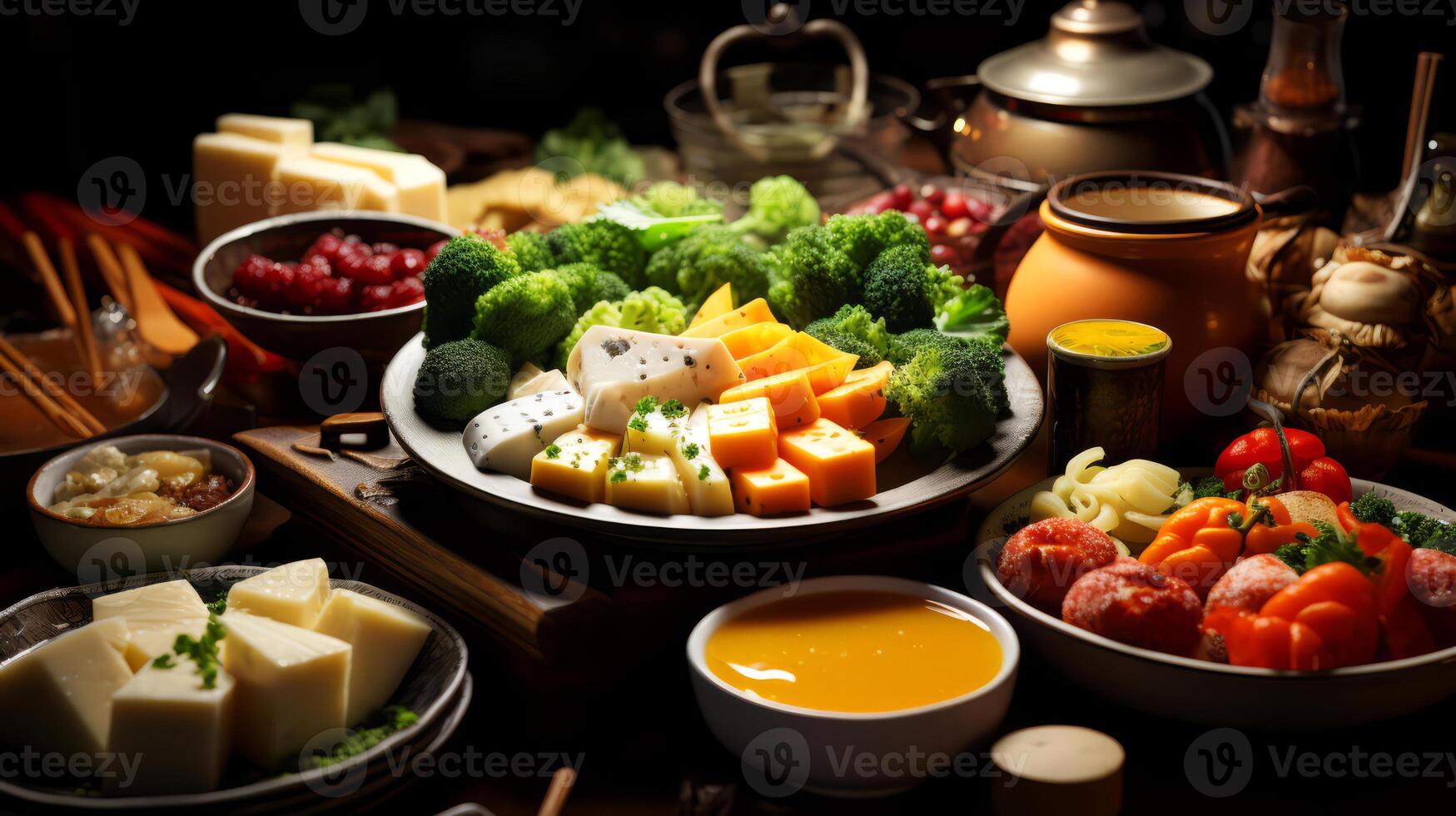ai genererad ost fondue med blandad ostar på rustik trä- tabell. foto