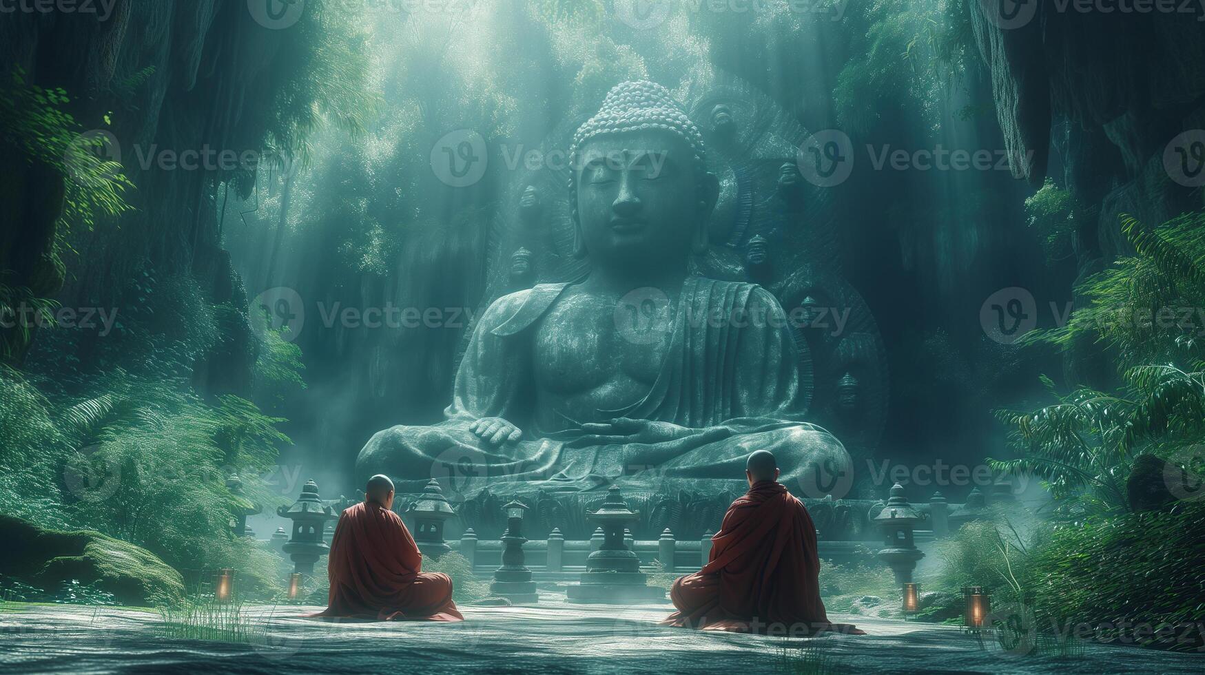 ai genererad buddist munkar engagerande nära lugn buddha staty. generativ ai. foto