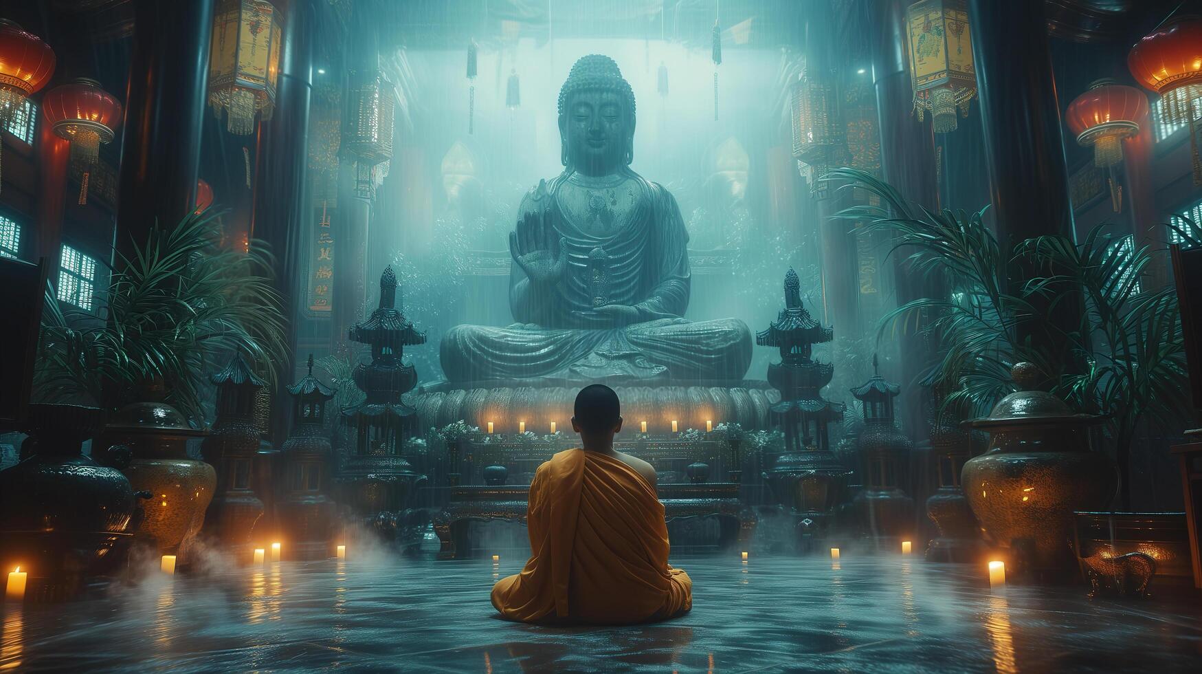 ai genererad buddist munkar engagerande nära lugn buddha staty. generativ ai. foto