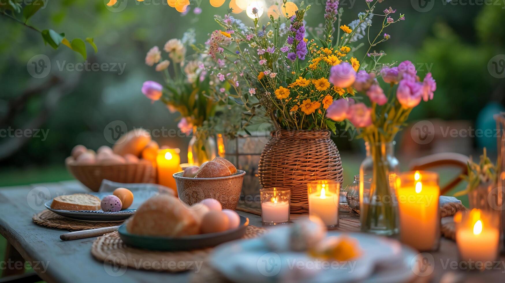 ai genererad utomhus- påsk tabell miljö med vaser av vår blommor, belyst ljus, målad ägg. ai genererad foto