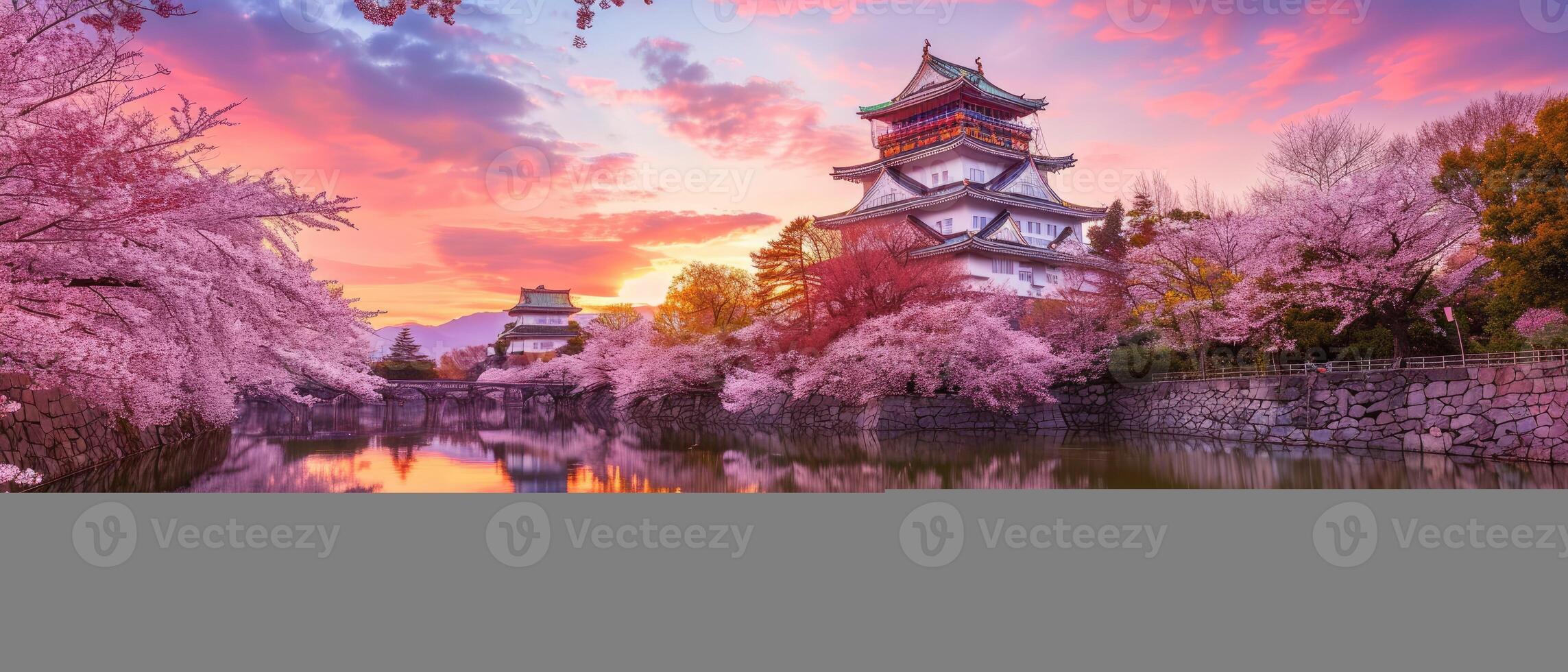 ai genererad körsbär blomma träd ram en skön japansk tempel, skapande en lugn och förtjusande scen, ai genererad. foto