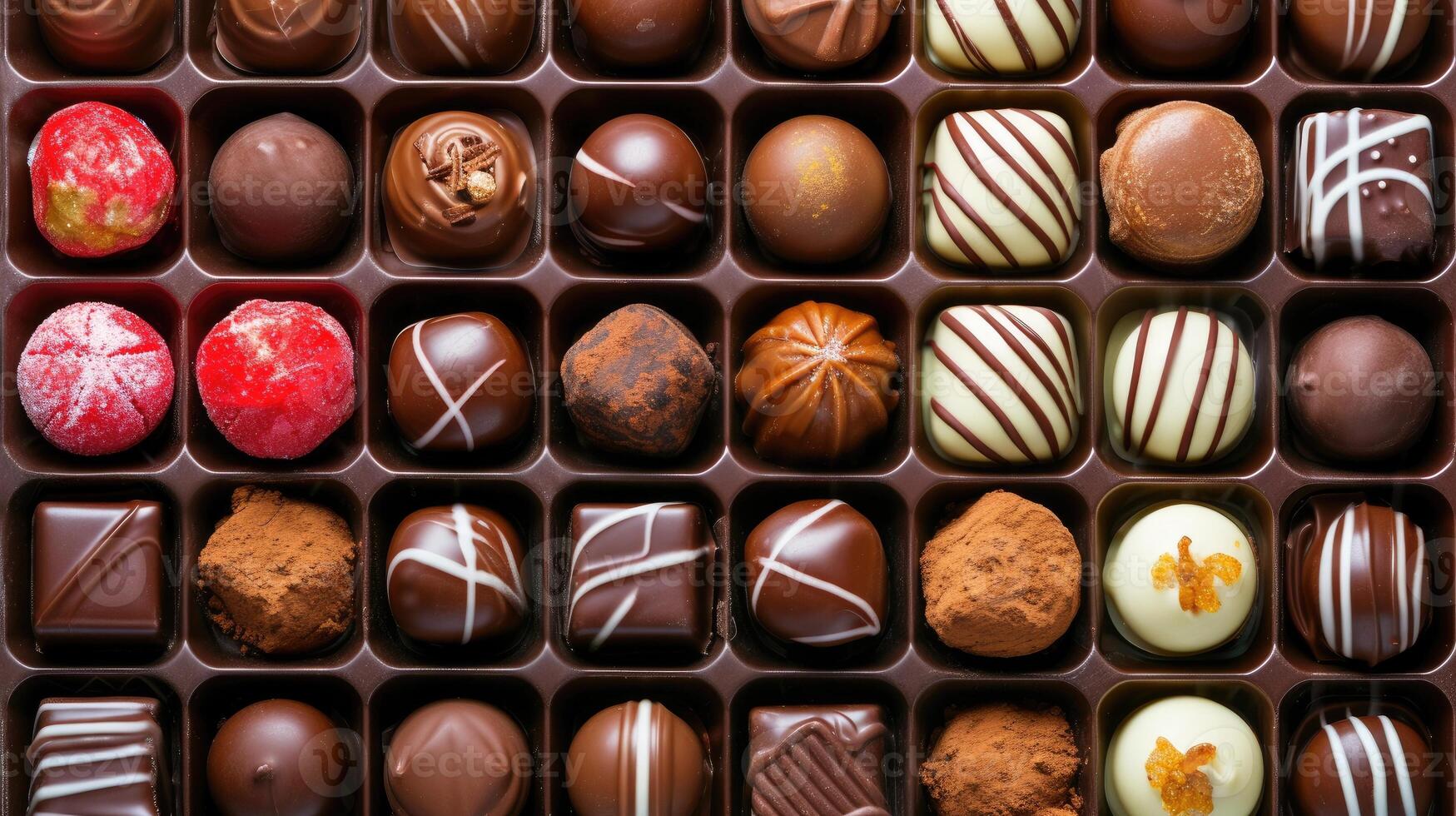 ai genererad blandad rader av ljuvlig choklad sötsaker inbäddat i en charmig låda. frestande, ai genererad. foto