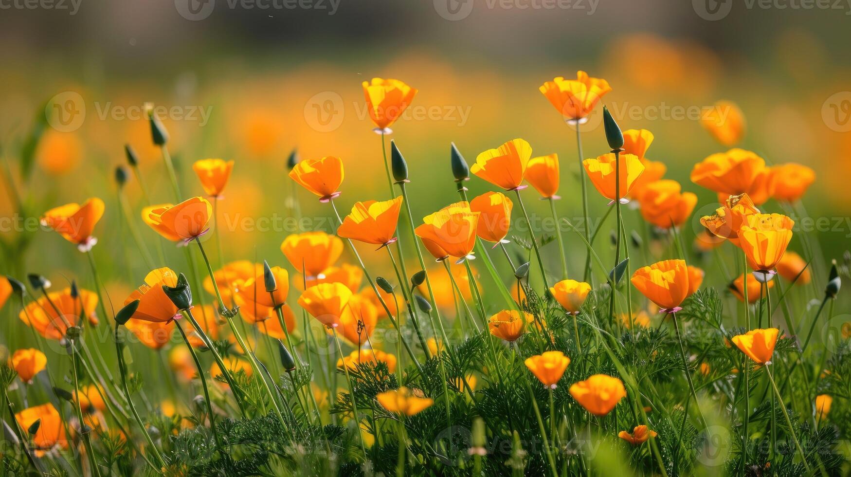 ai genererad en vibrerande grupp av orange blommor blomma graciöst i en solkysst fält, ai genererad foto