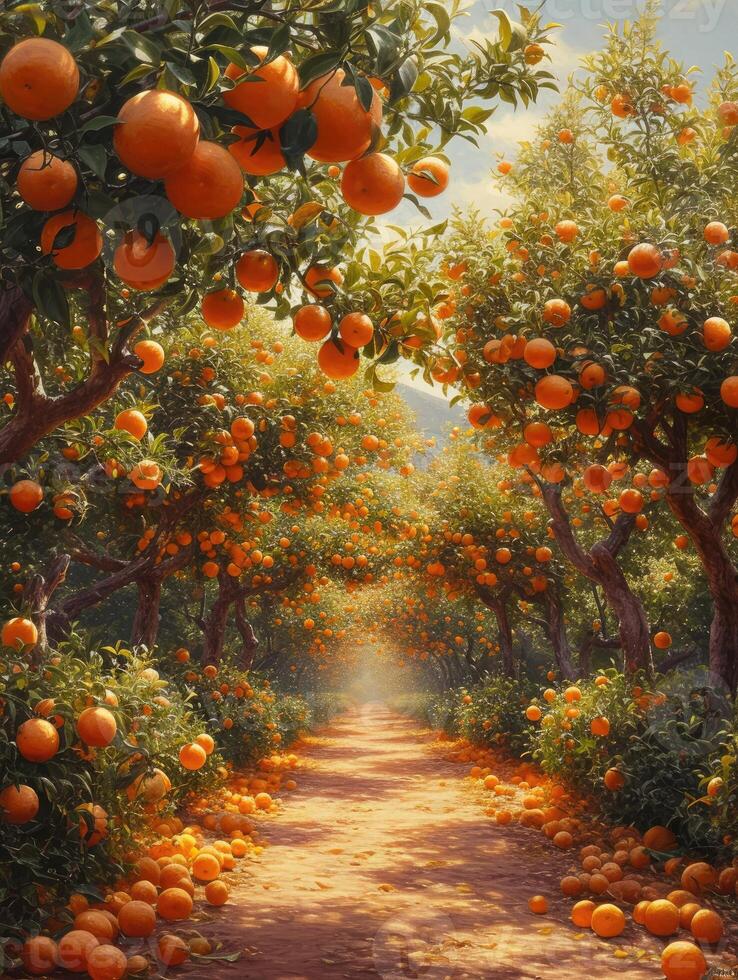 ai genererad frodig orange fruktträdgård, träd lastad med citrus, en vibrerande hamn av friskhet, ai genererad. foto