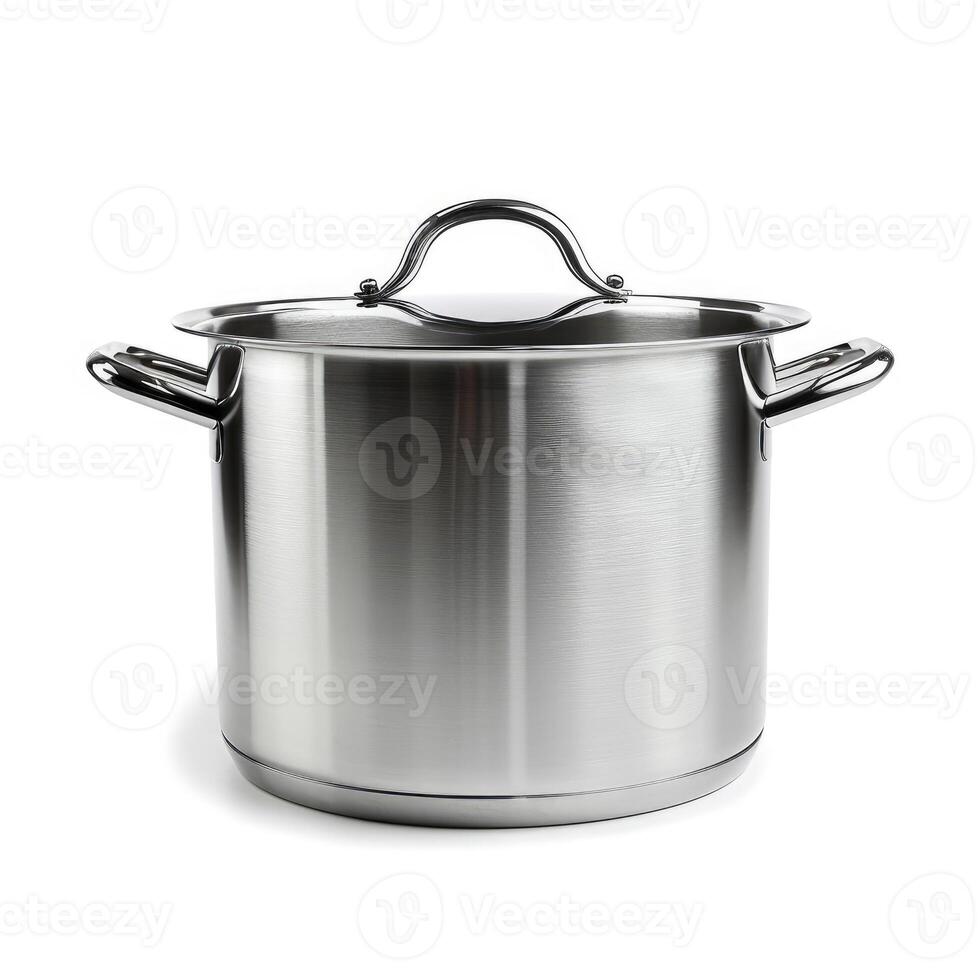 ai genererad rostfri stål matlagning stock pott isolerat på vit, idealisk för kök mönster, ai genererad. foto