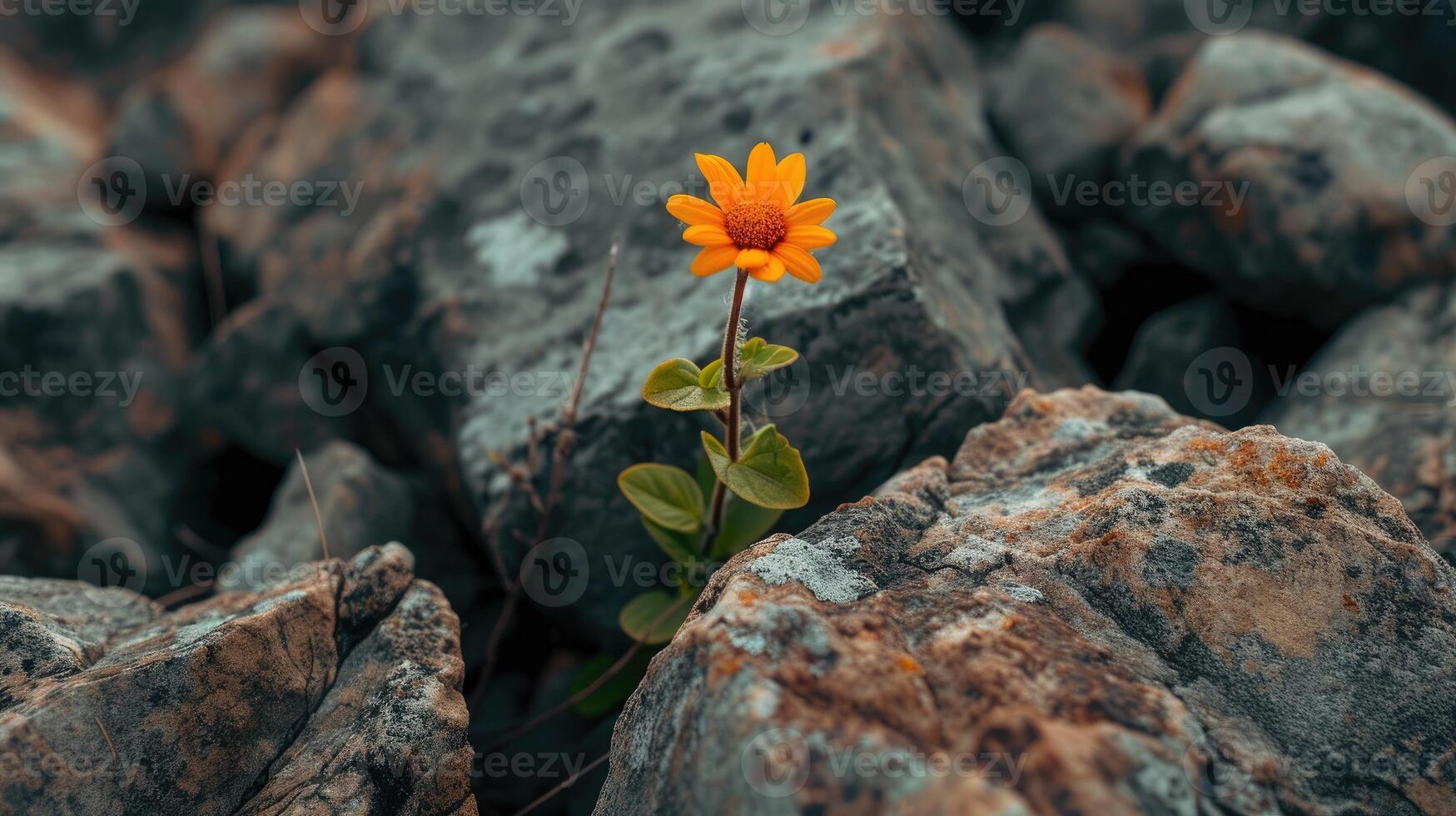 ai genererad en enslig blomma blooms mitt i oländig stenar, naturens uthållig skönhet i hård terräng, ai genererad foto