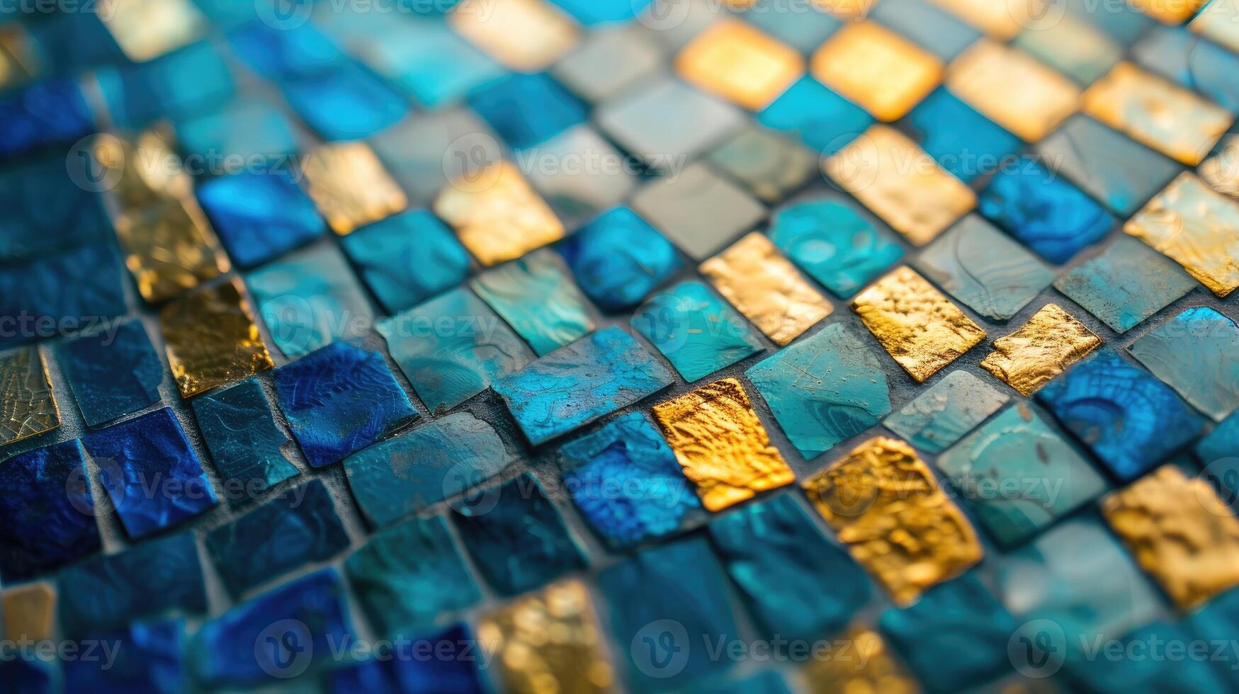 ai genererad närbild se av mosaik- bricka terar rik guld och blå nyanser, ai genererad. foto
