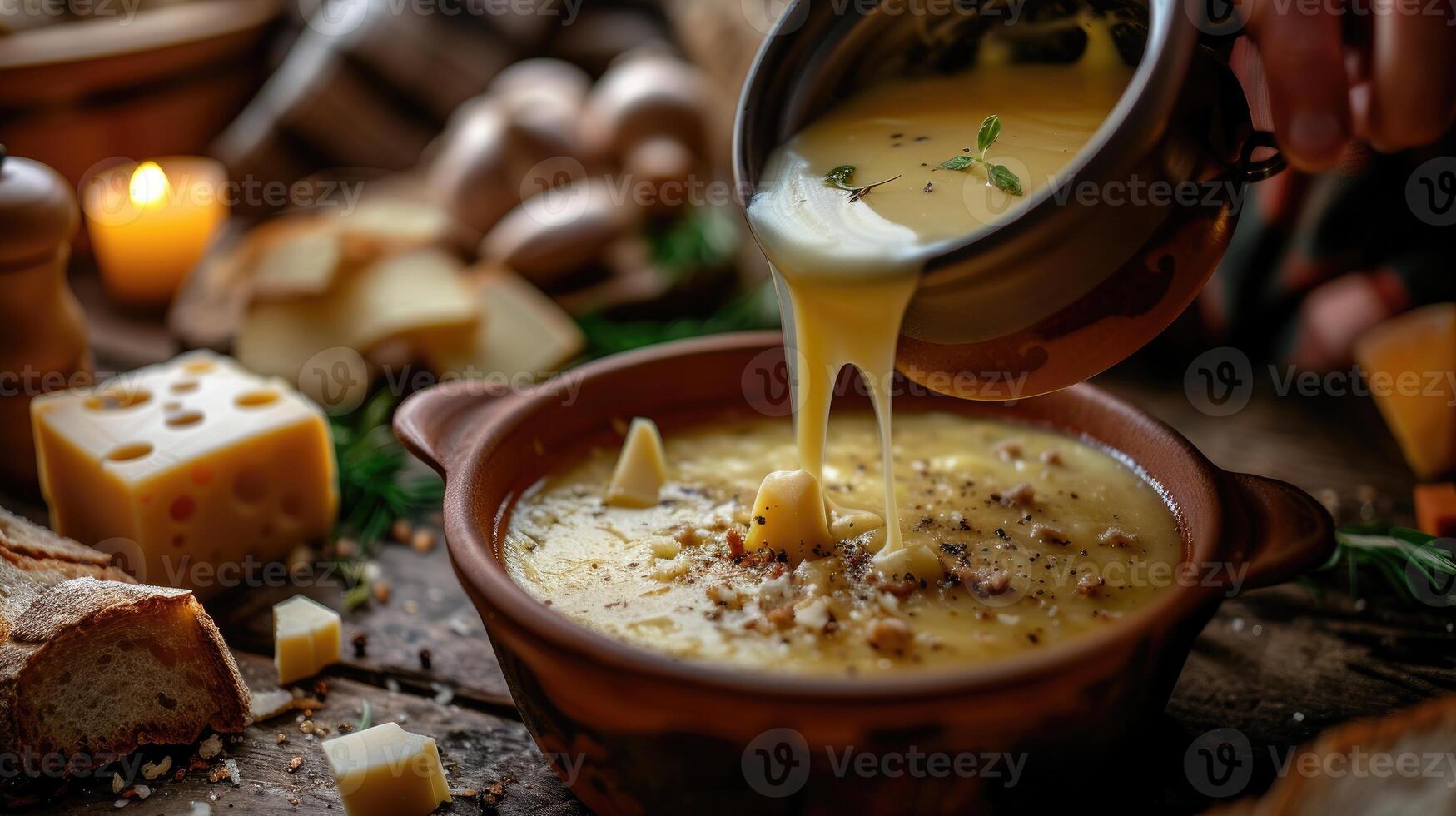 ai genererad krämig ost varelse hällde in i en skål av soppa, förstärkning dess rikedom, ai genererad foto