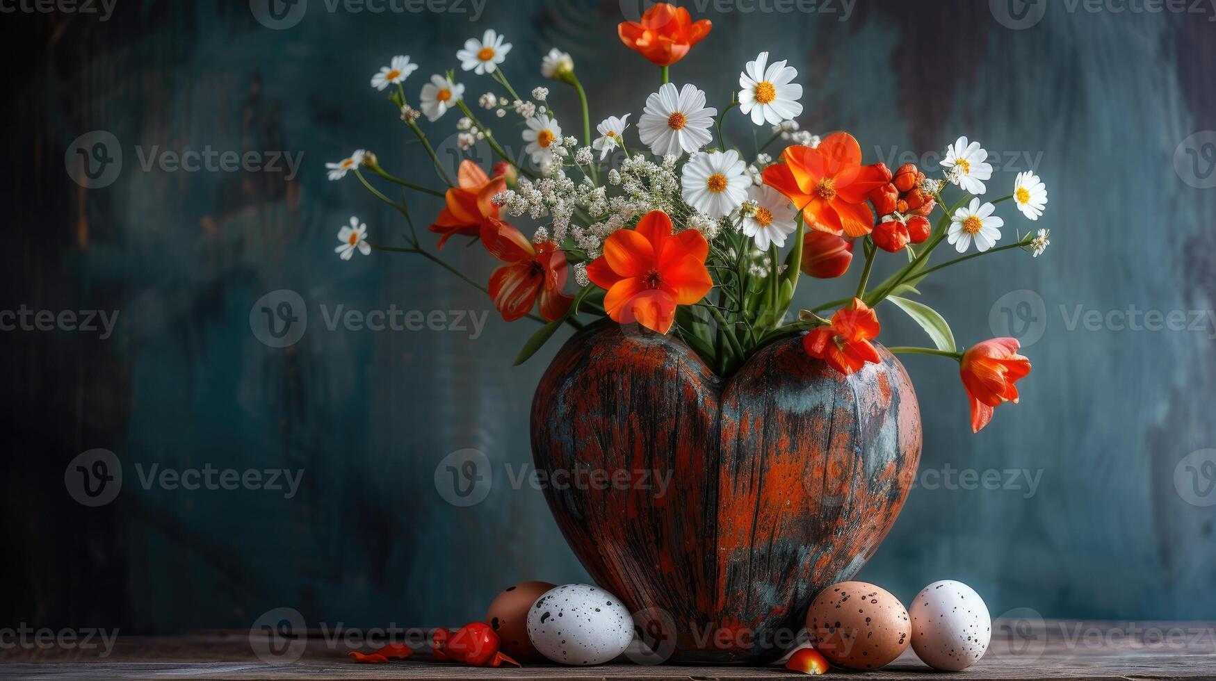 ai genererad blommig fylld hjärtformade vas med ägg, en unik och charmig visa, ai genererad foto
