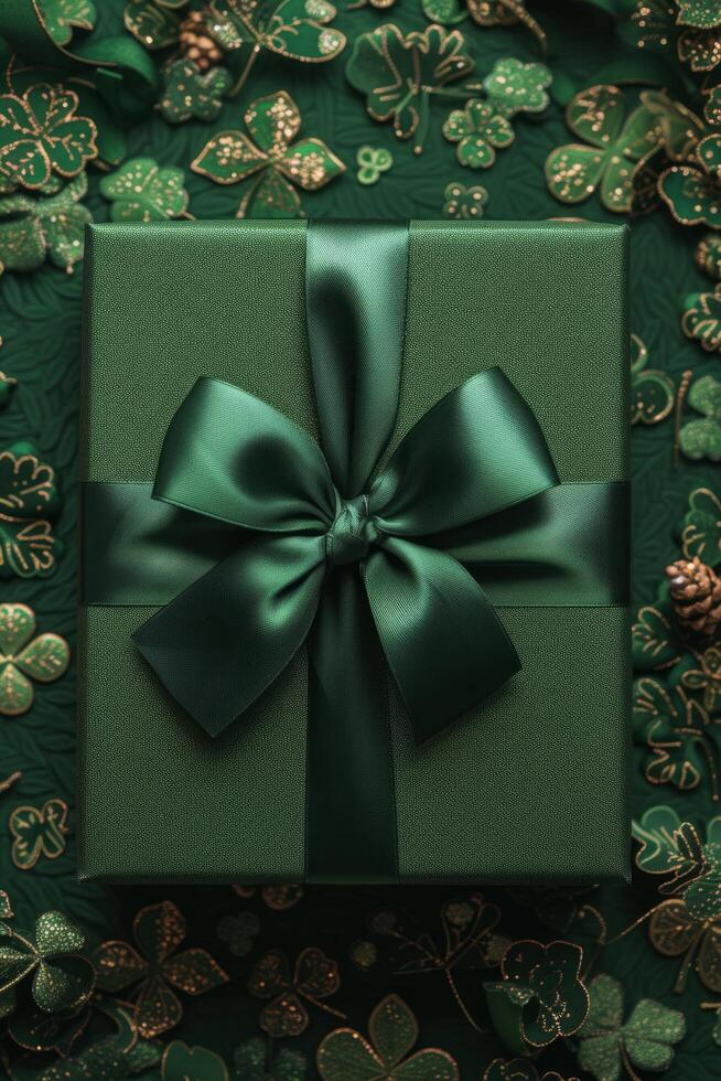 ai genererad grön lyx gåva låda med en skinande rosett på en vitklöver bakgrund stor copy område foto