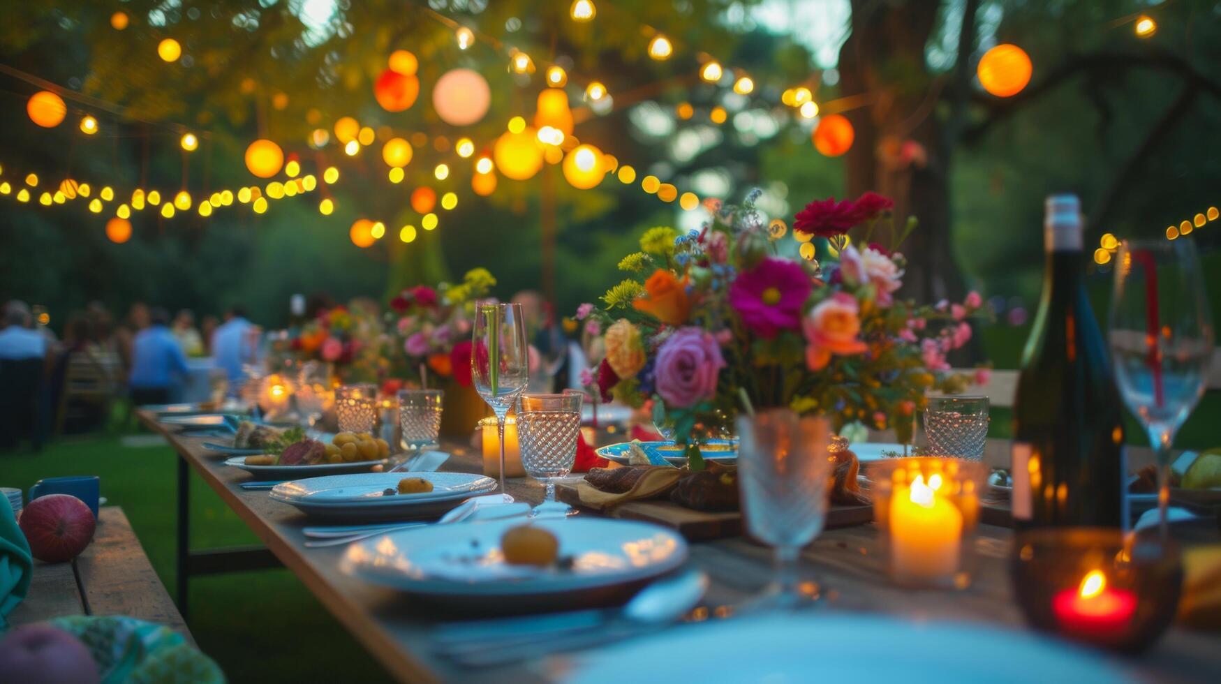 ai genererad en pittoresk trädgård fest med färgrik tabell inställningar, blommor, och fe- lampor foto